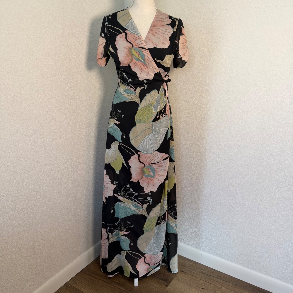 SheIn Wrap Maxi Dress Womens Large Black Pink Floral Chiffon Short Sleeve Boho - Picture 6 of 8